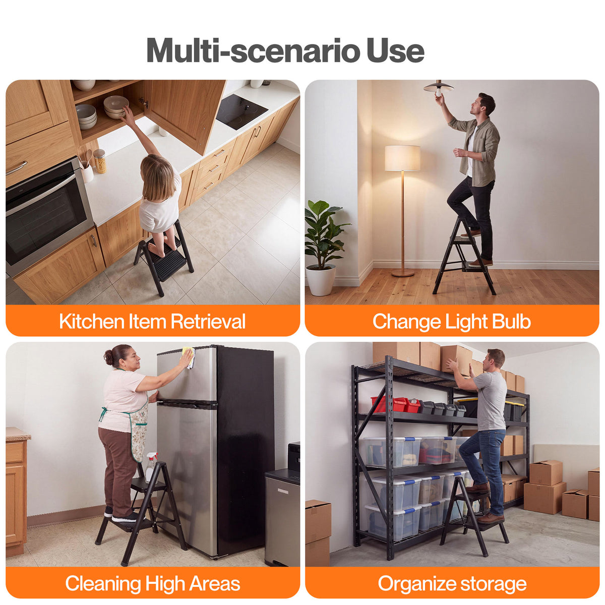 Small Step Ladder Foldable 150kg Carbon Steel Kitchen Steps Black | Black