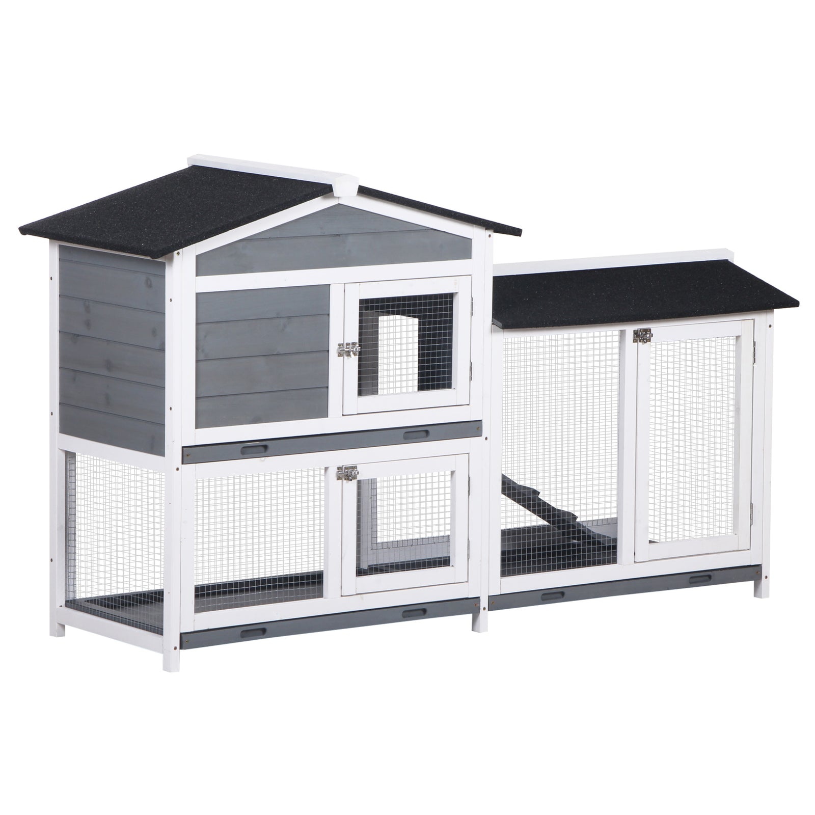 2-tier Wooden Rabbit Hutch Guinea Pig House Pet Cage Outdoor W/ Tray Ramp | Gray