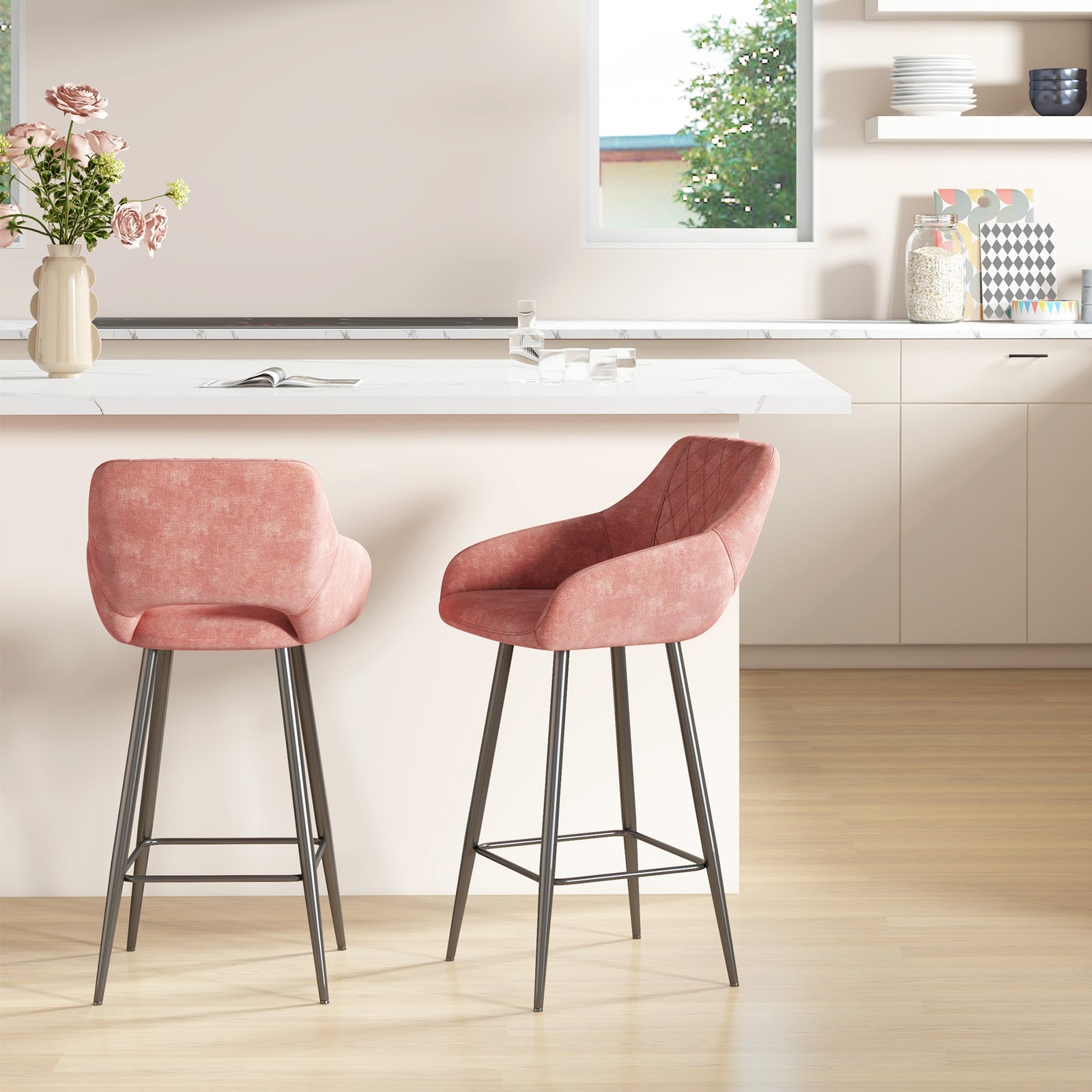 Velvet-touch Bar Stools Counter Set Of 2 | Pink