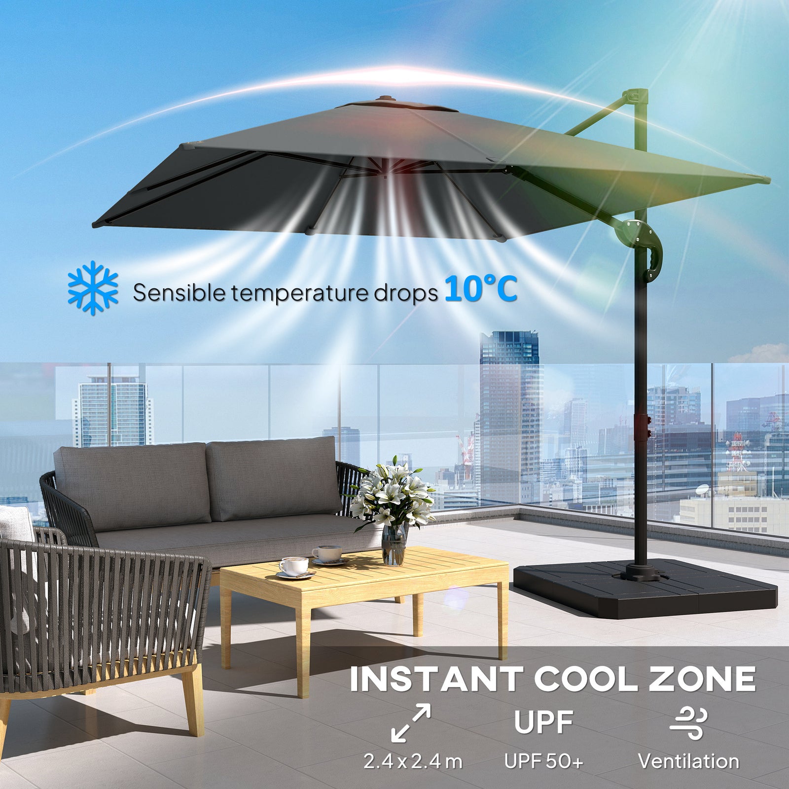 2.4 X 2.4 M Cantilever Parasol W/ Umbrella Weights | Dark Grey