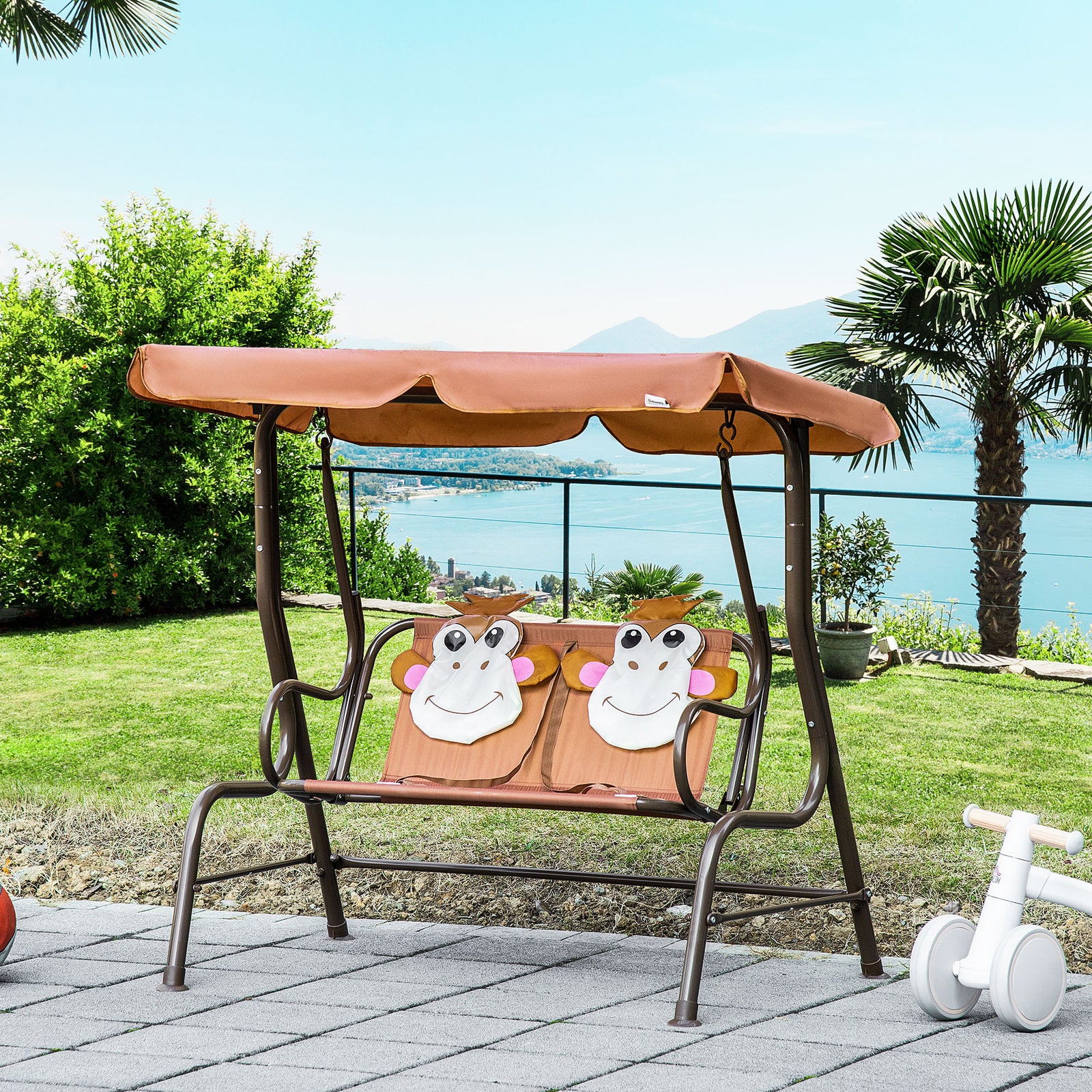 2 Seat Kids Canopy Swing Chair W/ Adjustable Awning, Seatbelt - Brown