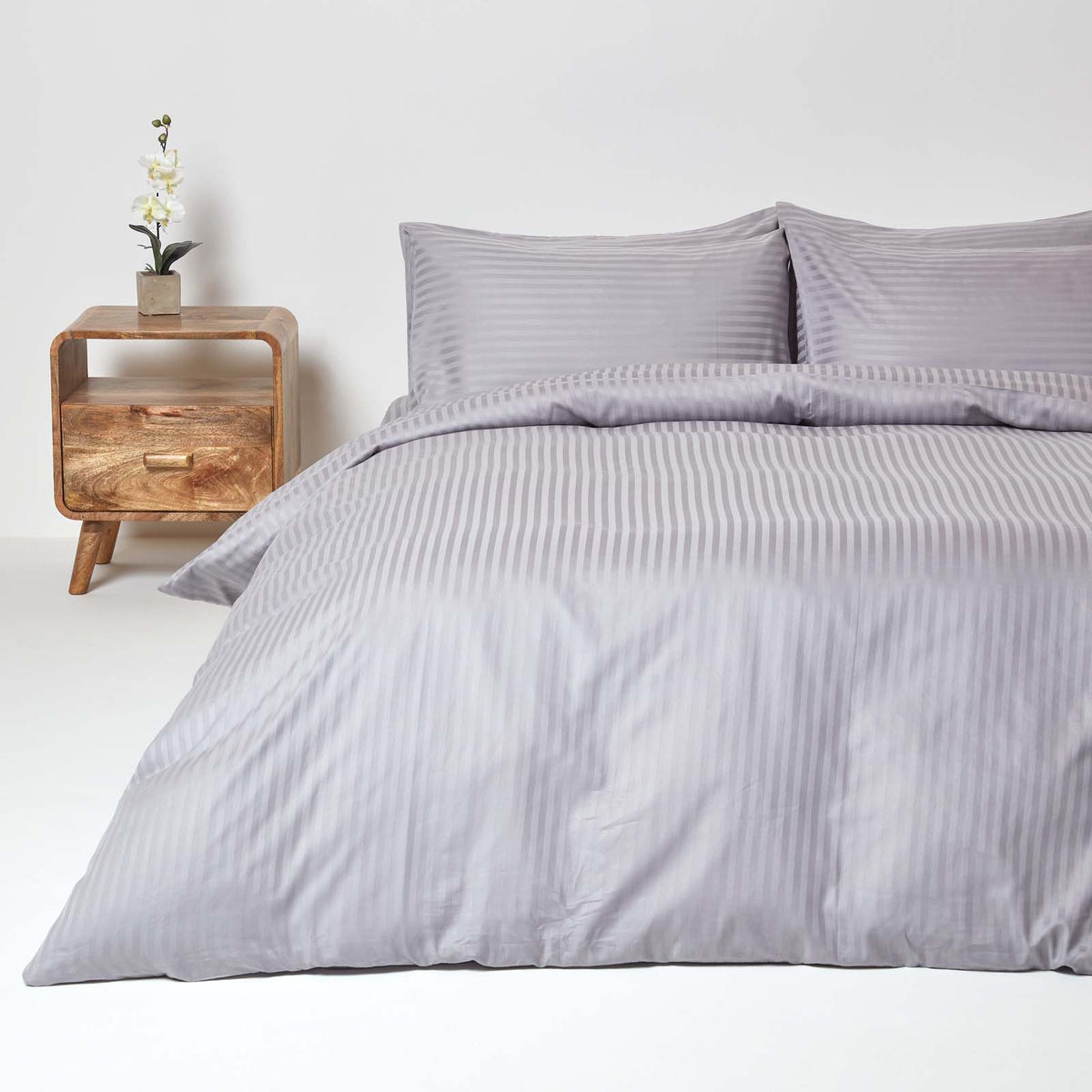 Egyptian Cotton Stripe Duvet Cover With Pillowcase, 330 Tc | Double | Grey