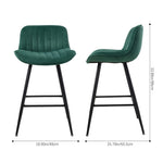 Set Of 2 Modern Flannel Bar Stools With Backrest – Soft Padded Seat, Metal Legs | Dark Green