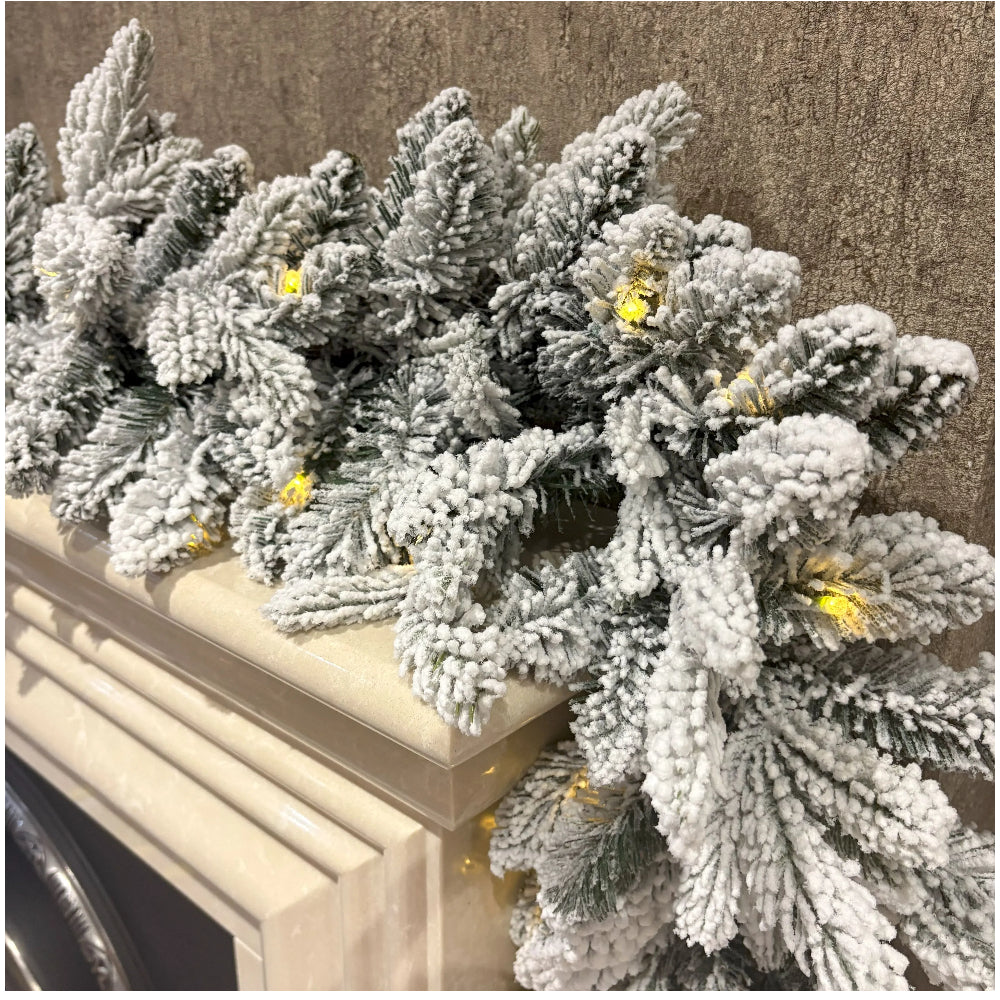 270cm Premium Mixed Branch Pre-lit Snow Filled Christmas Garland - With Timer