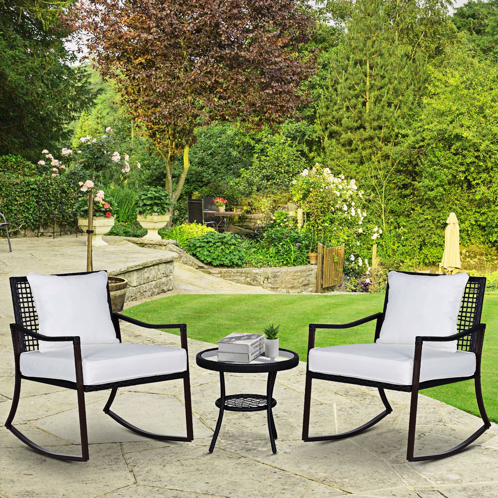 3-piece Rocking Bistro Set, Rattan Wicker, Brown