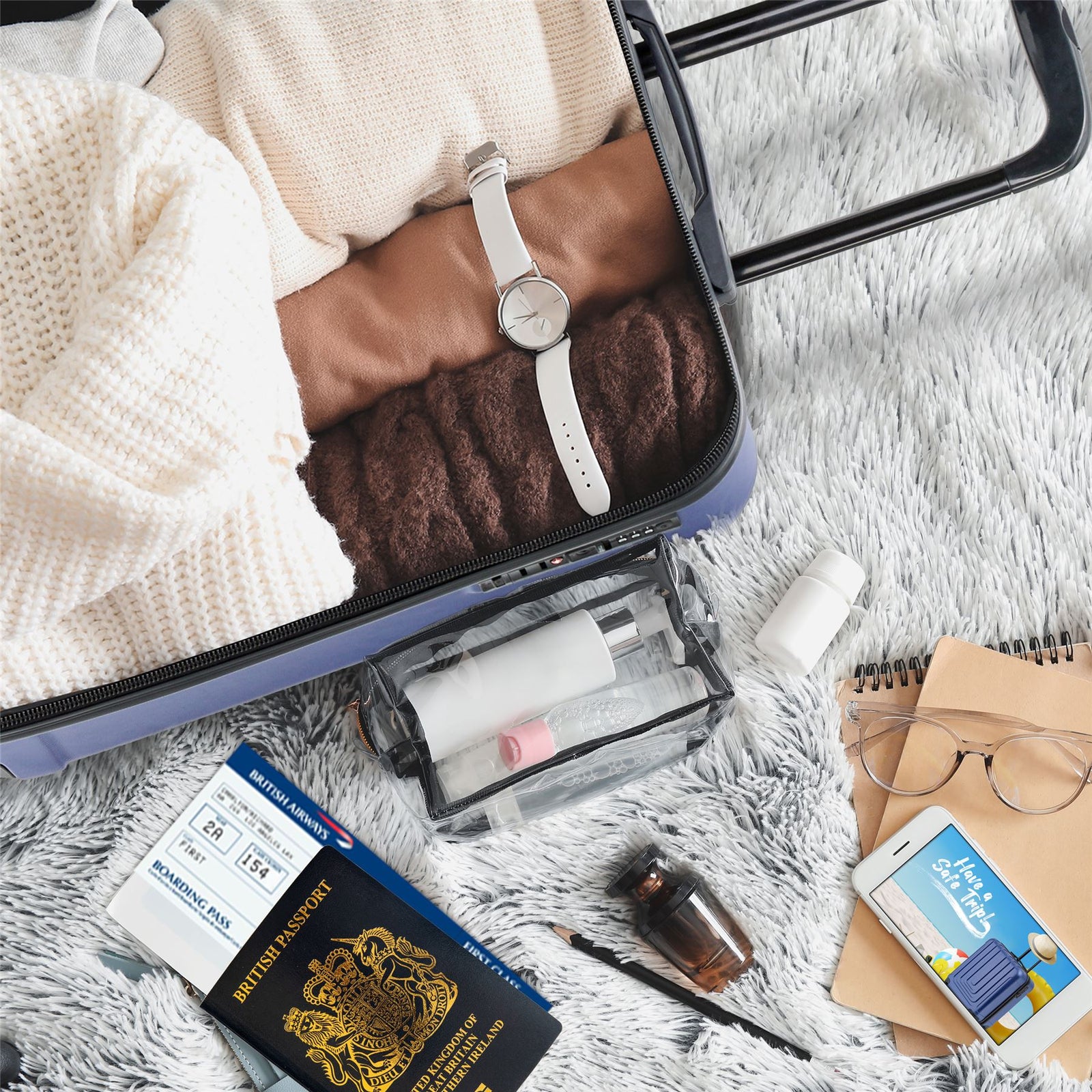 56x45x25cm Large Cabin Carry On Case - Overhead Luggage Suitcase - 4 Spinner Wheels - Abs Hard Shell Cabin Bag | Cabin | Navy Blue