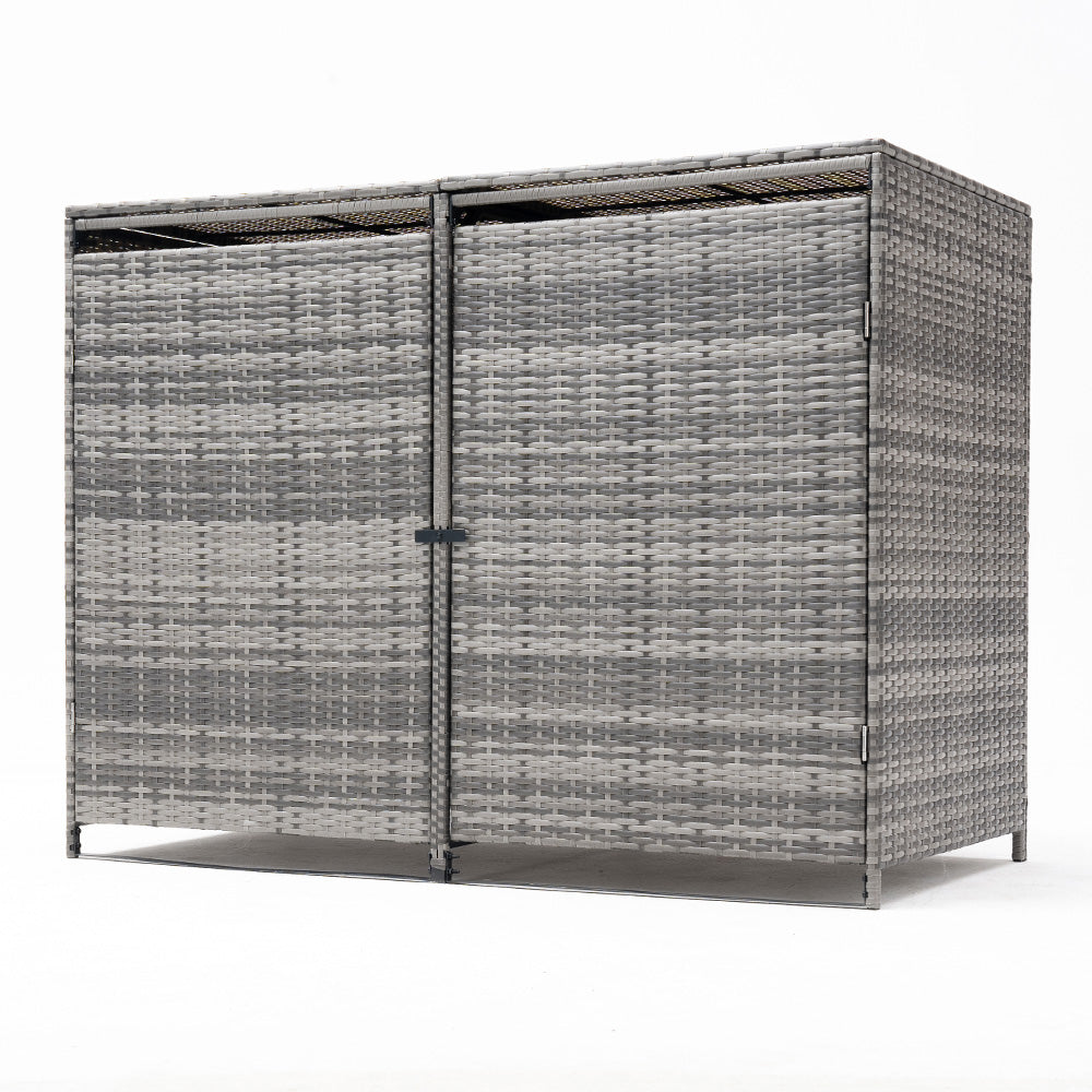 Pe Rattan Double Trash Can Storage Shed With Lid & Front Door, Outdoor Garbage Bin Enclosure, Metal Frame, Weather-resistant Wicker Design | Grey