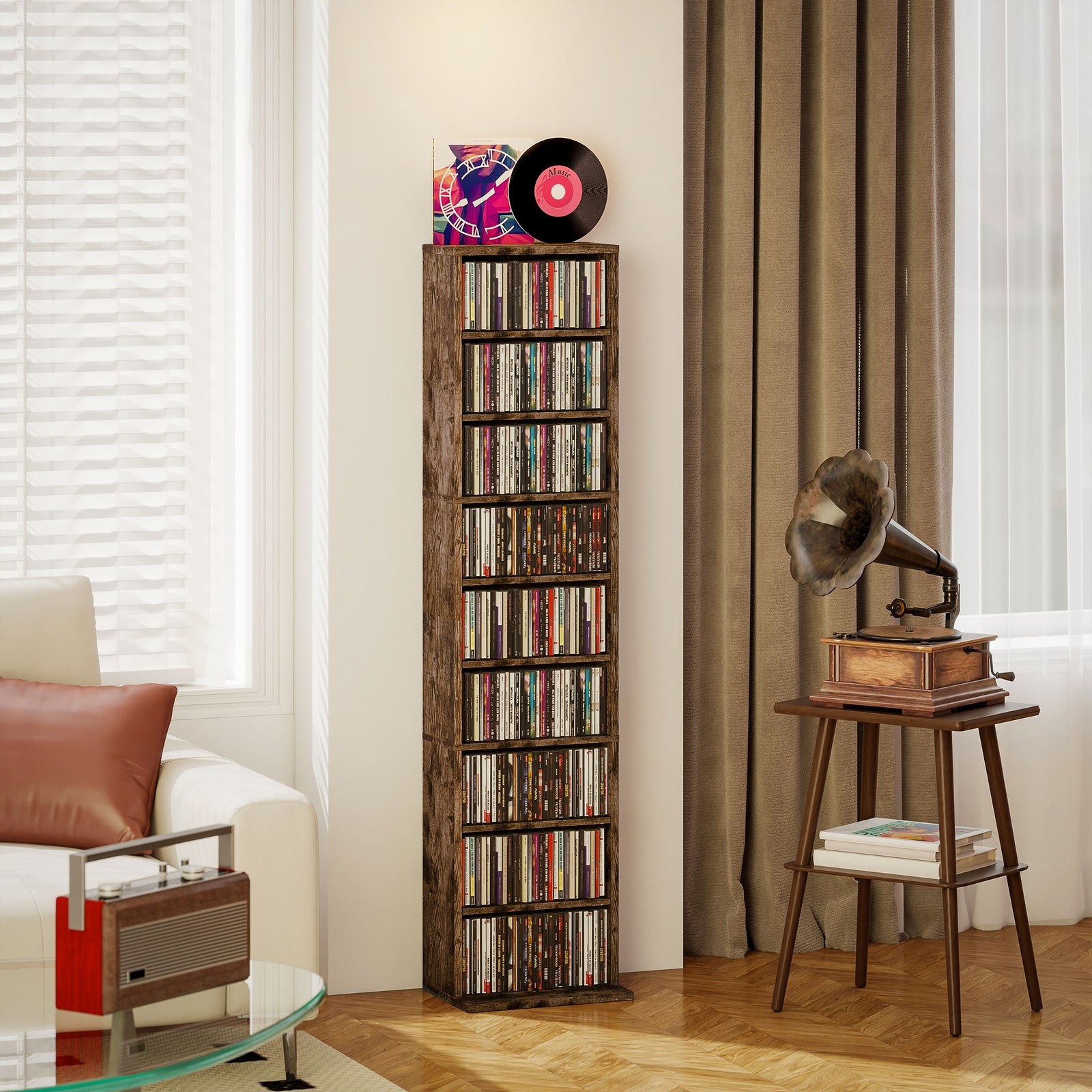 260 Cd Storage Unit 120 Dvd Storage Tower With 9 Compartments | Rustic Brown