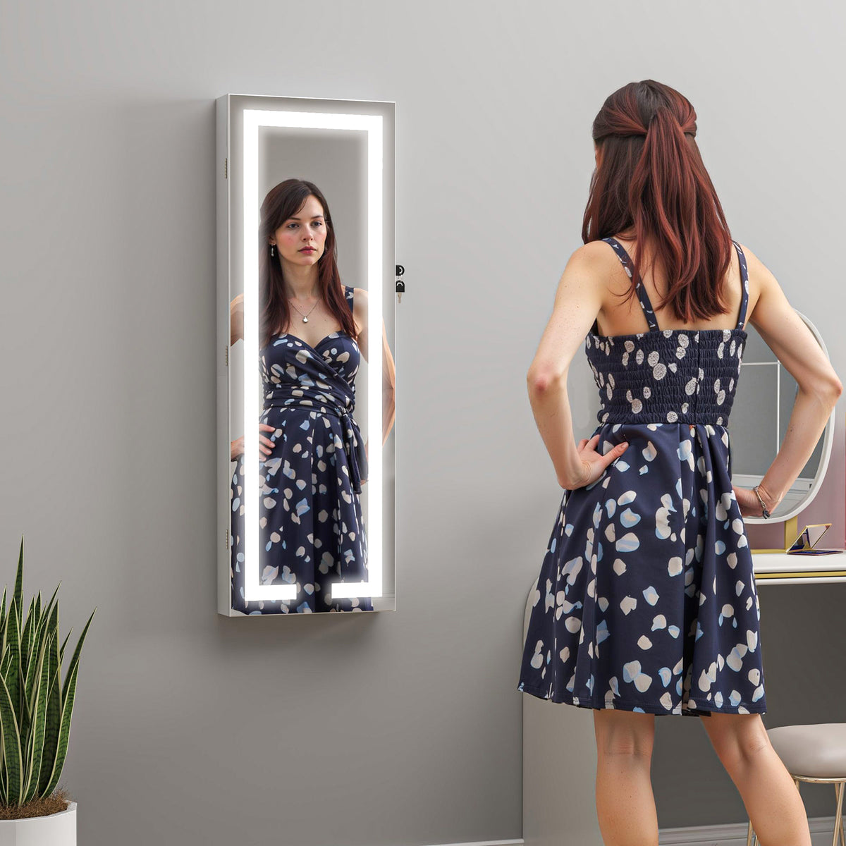 HOMCOM Led Mirror Jewellery Cabinet, Full Length Mirror With Storage, White