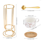 Set Of 4 Ceramic Coffee Cups With Saucers, Spoons & Metal Stand | White
