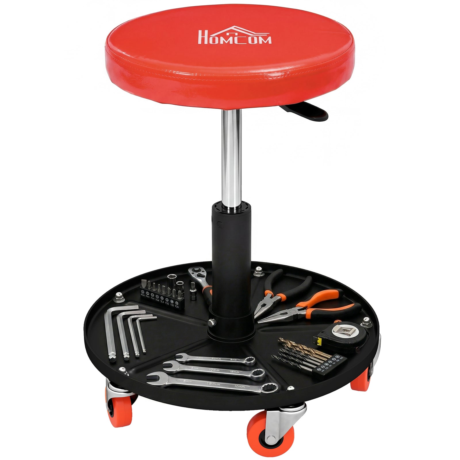 Outsunny Pneumatic Adjustable Mechanic Stool W/ Tool Tray, Wheels