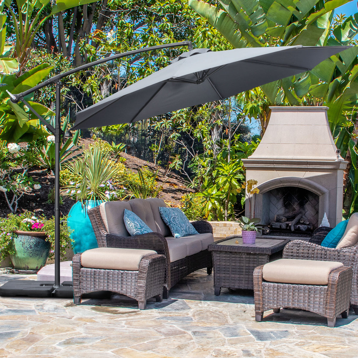 3(m) Garden Banana Parasol Cantilever Umbrella w/ Base Weights & Cover | Grey