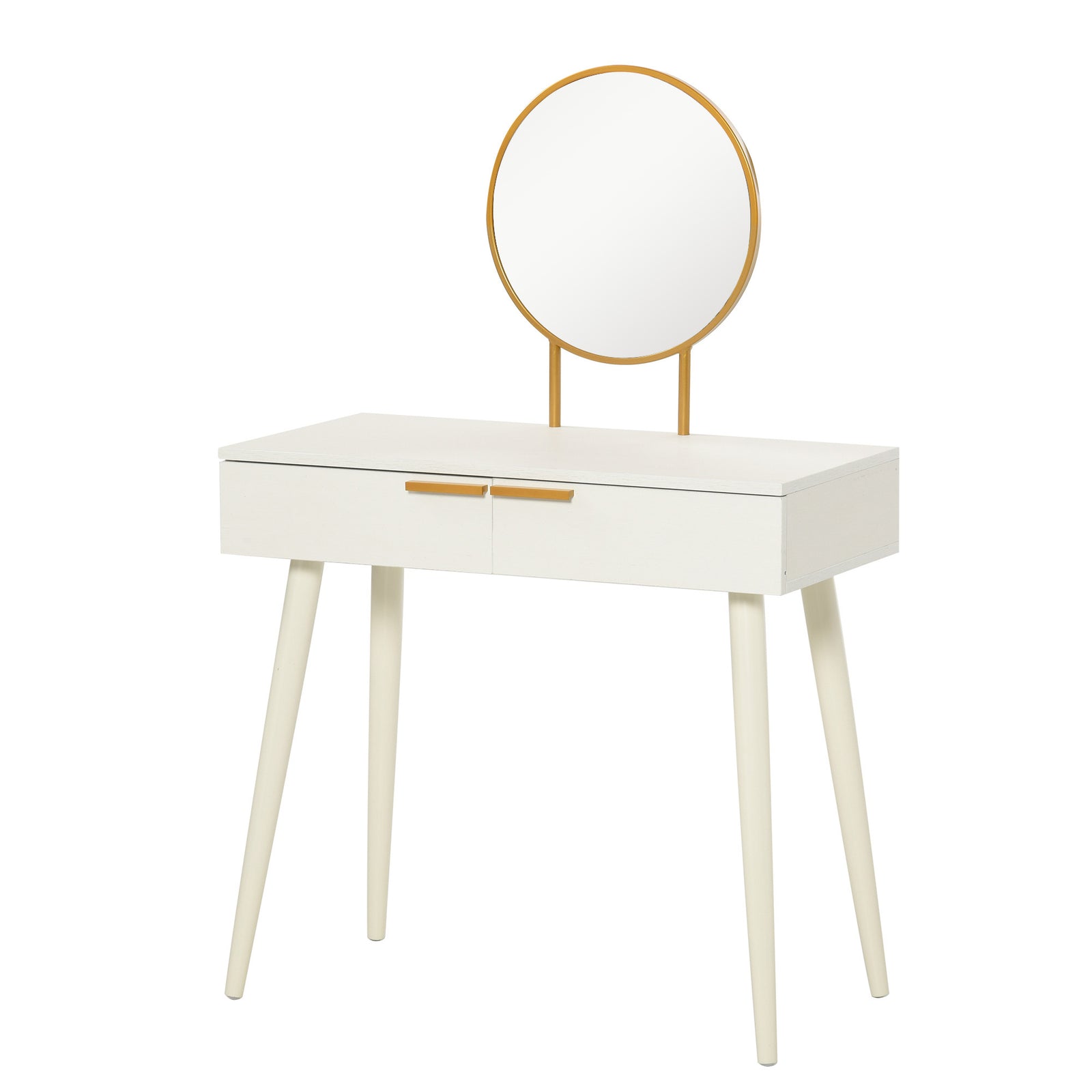 Modern Dressing Table W/ 2 Drawers Round Mirror Bedroom