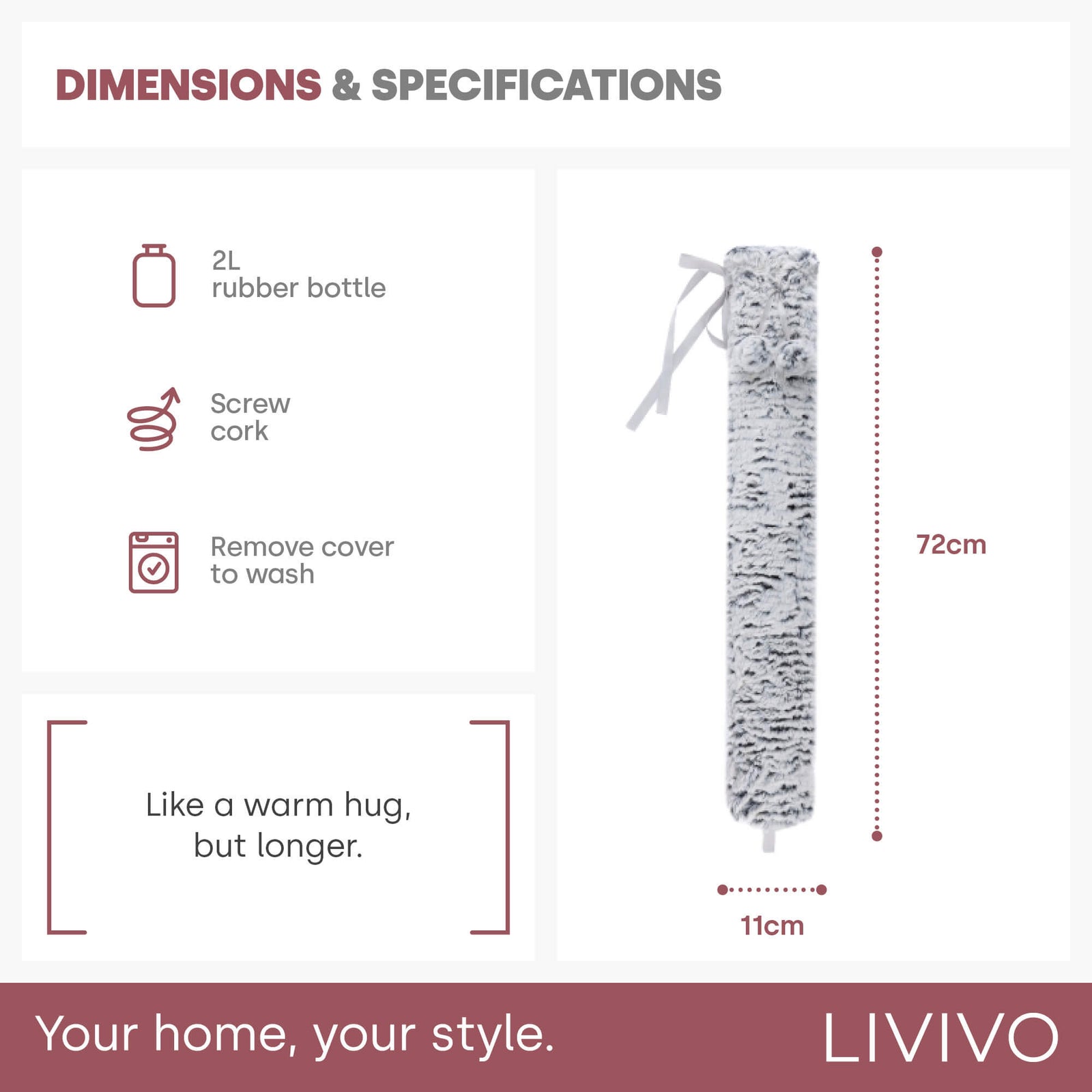 Livivo Extra Long Grey 2l Hot Water Bottle With Soft Plush Washable Cover