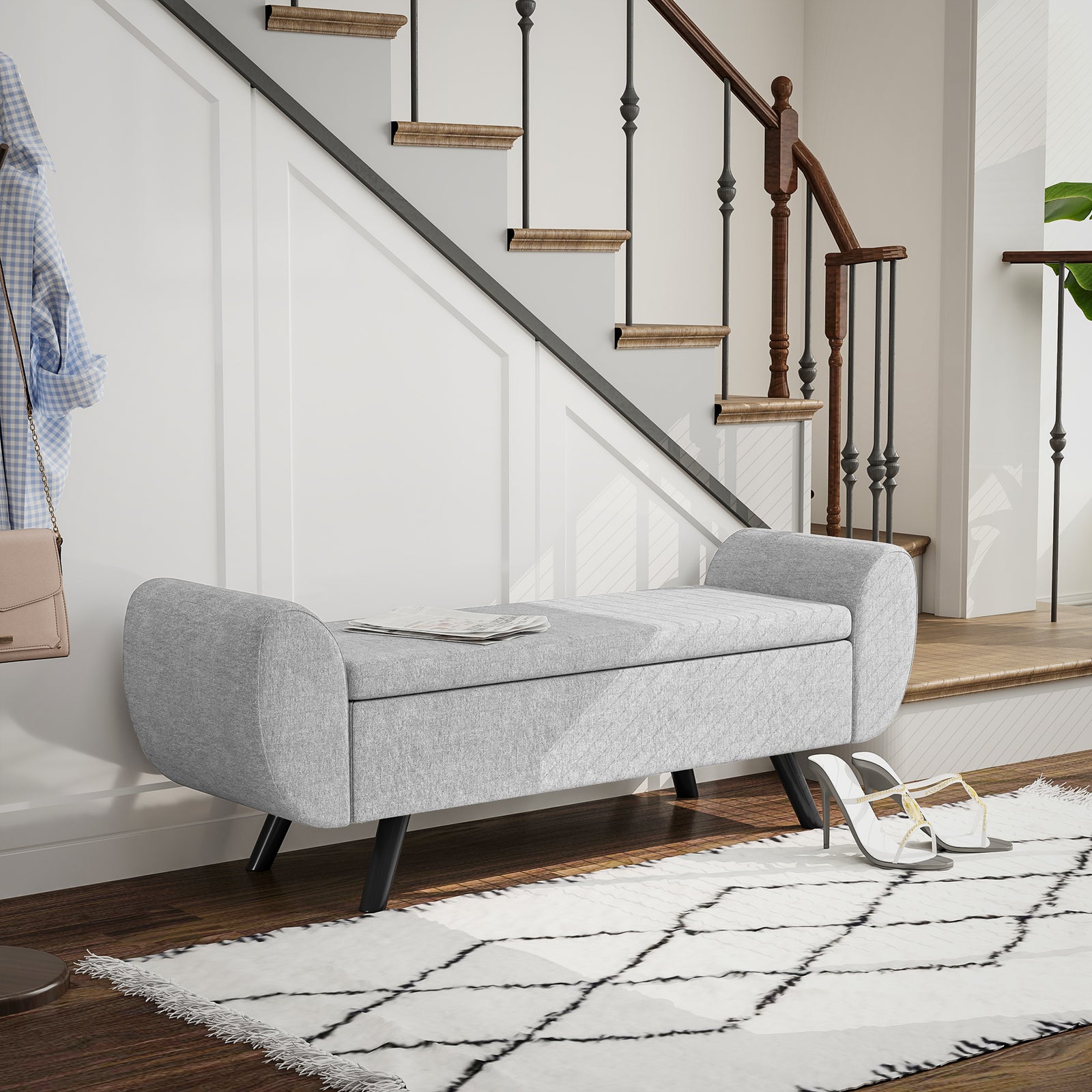 Storage Ottoman With Armrest, Upholstered Linen Storage Bench | Dark Grey