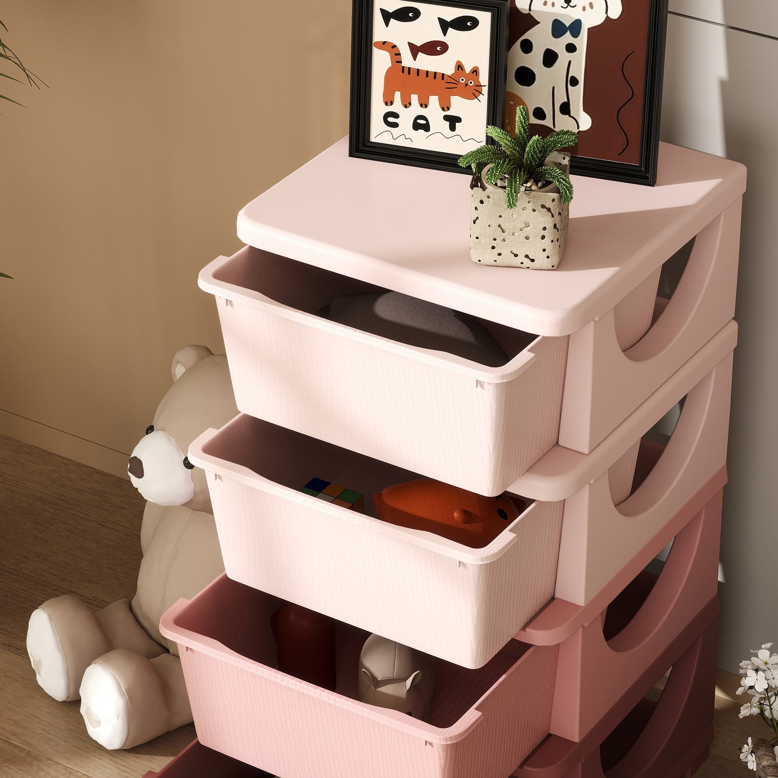 Four-tier Kids Storage Boxes, Plastic Storage Units With Four Drawers, Pink