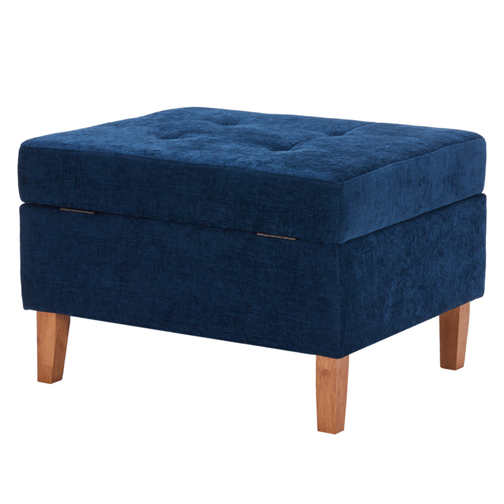 Chenille Upholstered Storage Ottoman With Rubberwood Legs – Modern Footstool With Hidden Storage, 71.5 X 59 X 33.5 Cm | Blue