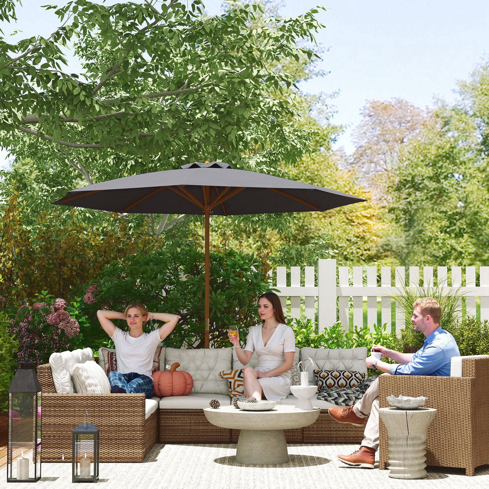 Wooden Garden Parasol With Rope Pulley Mechanism | Dark Grey