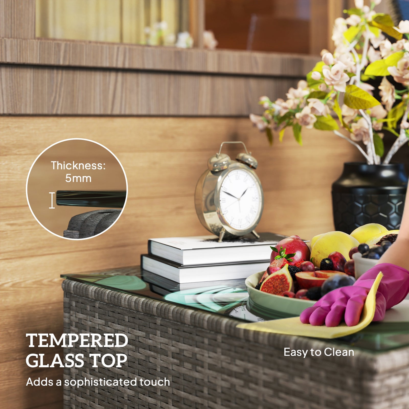 Outdoor Coffee Table W/ Glass Top, Rattan Side Table | Black