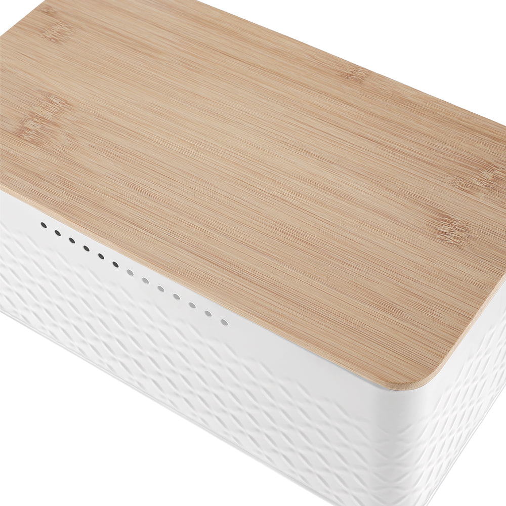 Countertop Metal Bread Box Container With Bamboo Lid | White