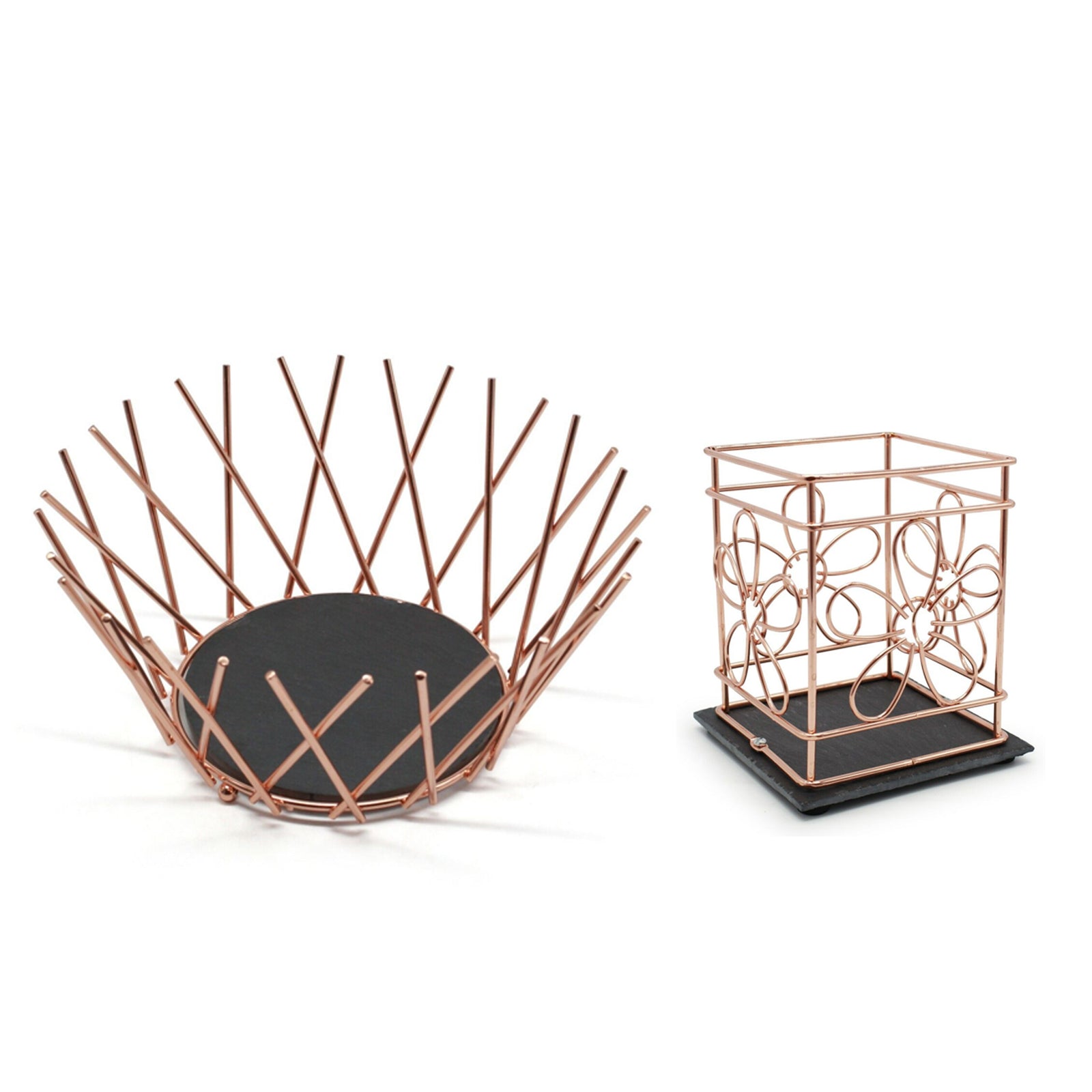 Fruit Bowl Utensil Holder Storage Basket Copper Metal Wire Slate Base