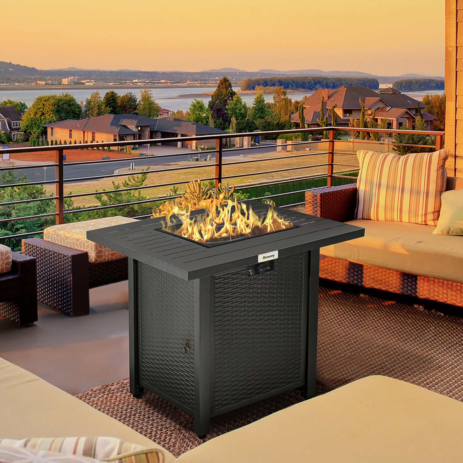 Rattan Propane Fire Pit Table 40,000 Btu W/ Cover