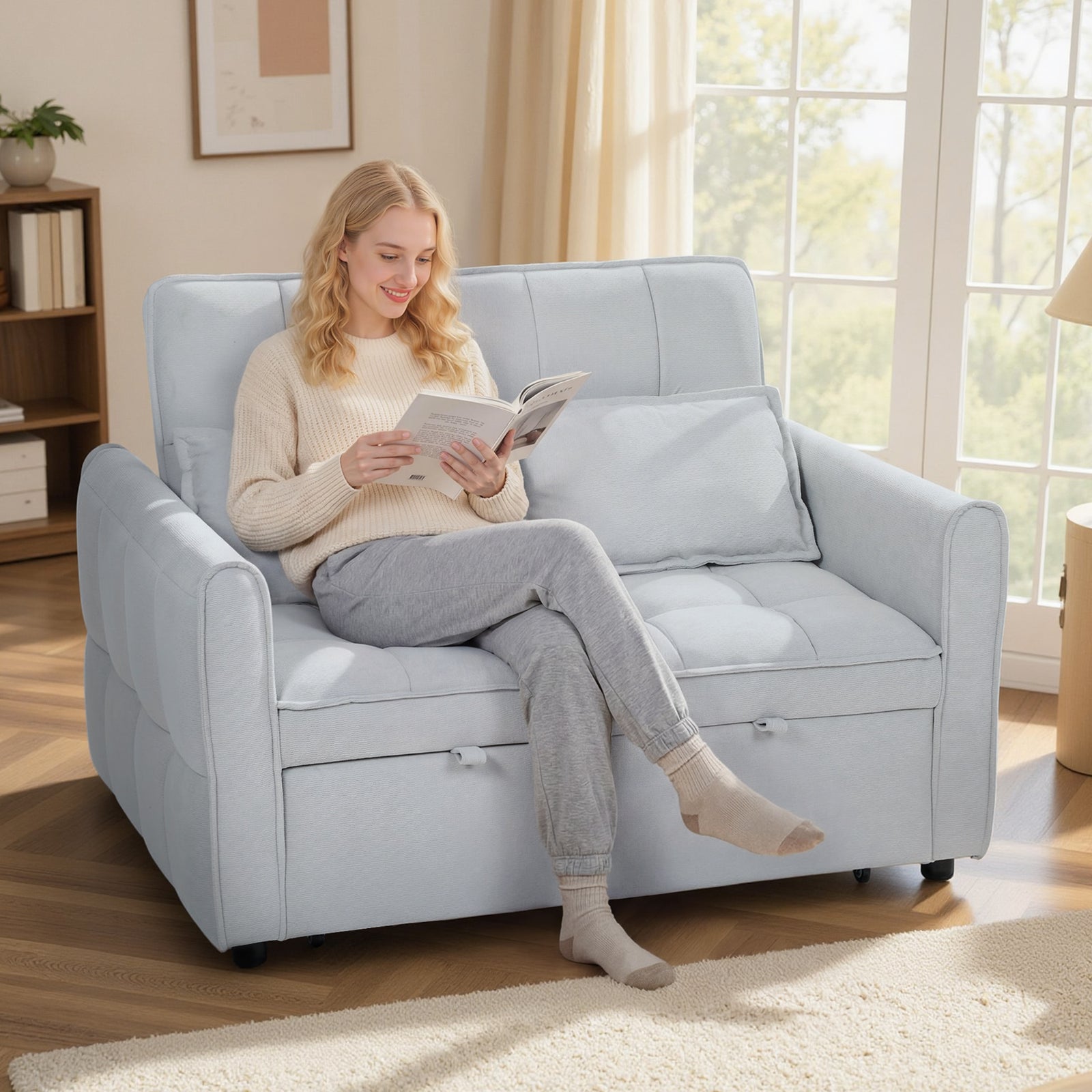 2 Seater Sofa Bed, 3-in-1 Sleeper Sofa With Adjustable Backrest | Light Grey