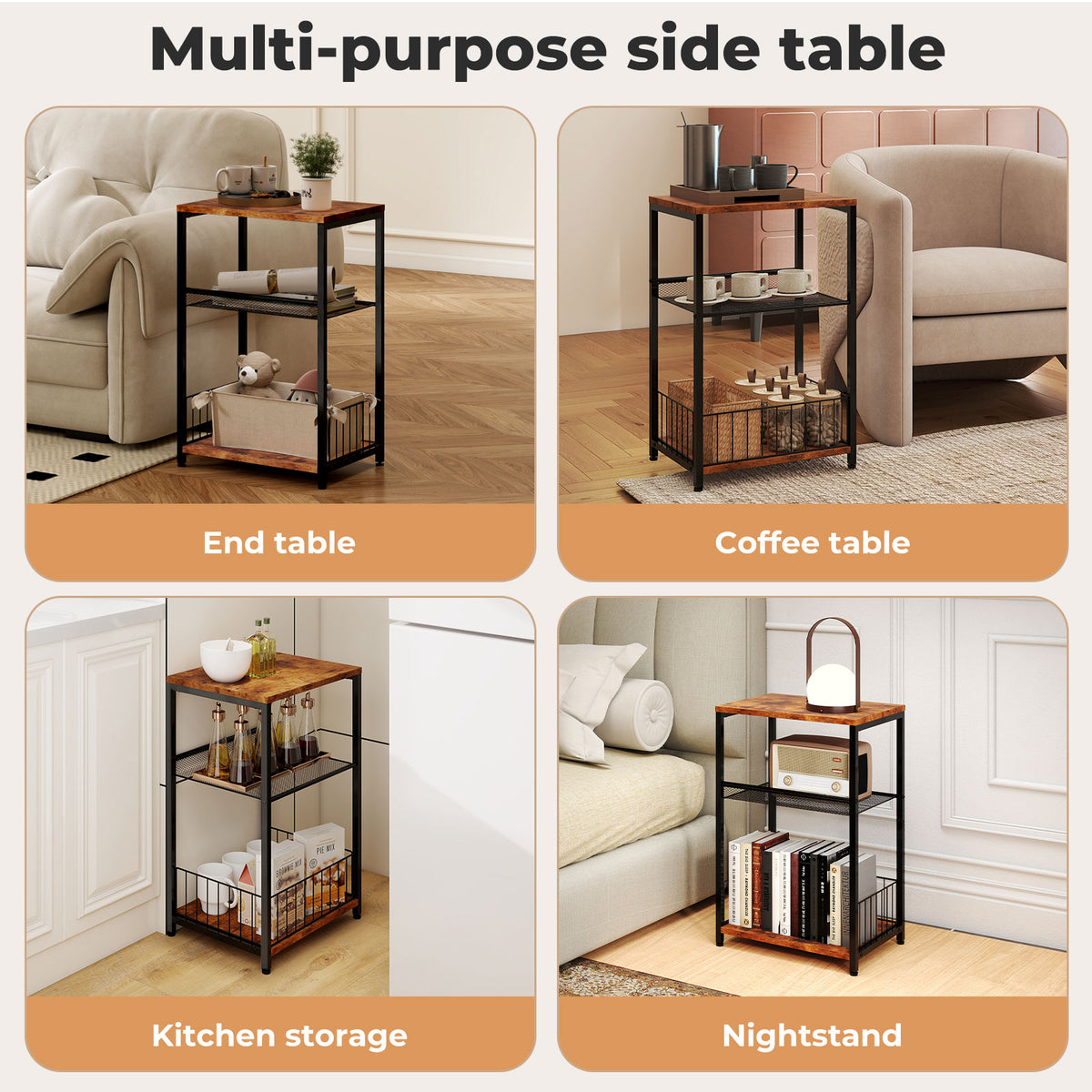 Levede Side Table Bedside End Table 3 Tier Metal Wood Storage Vintage Brown