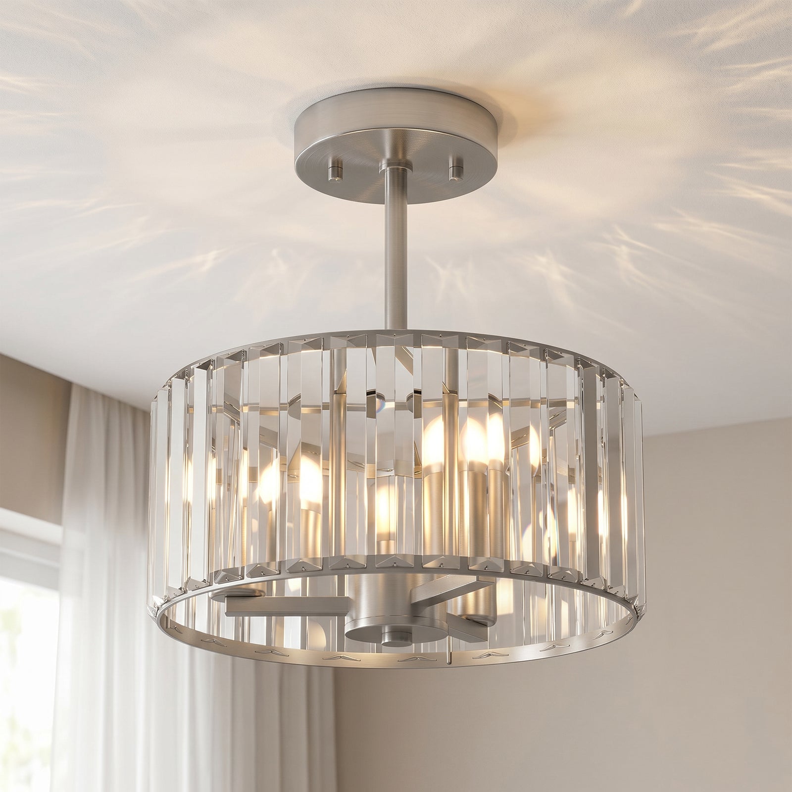 Semi Flush Mount Modern Crystal Chandelier Ceiling Light | Silver