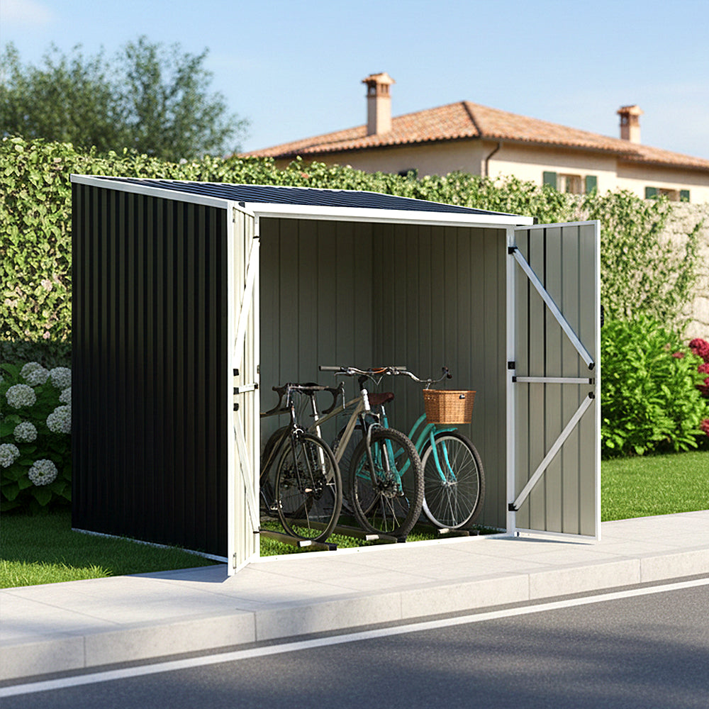 Lockable Outdoor Bike Storage Shed For Cycling, Double Door Metal Shed With 3 Adjustable Bike Racks, Pent Roof, Weatherproof Garden Shed