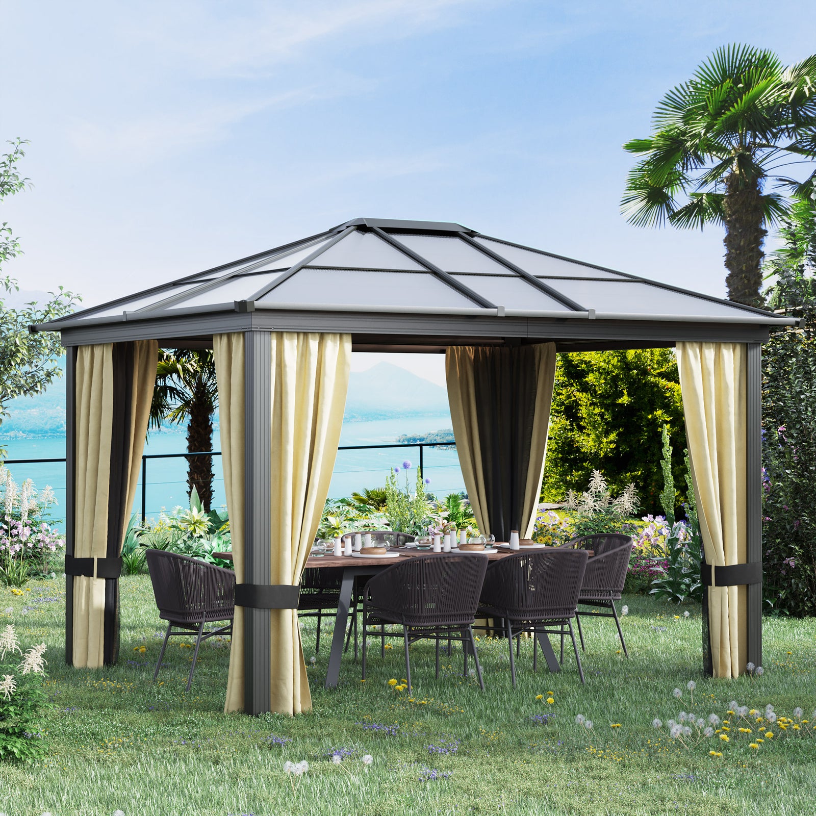 Hardtop Gazebo Canopy With Mosquito Netting And Curtains | Large | Brown