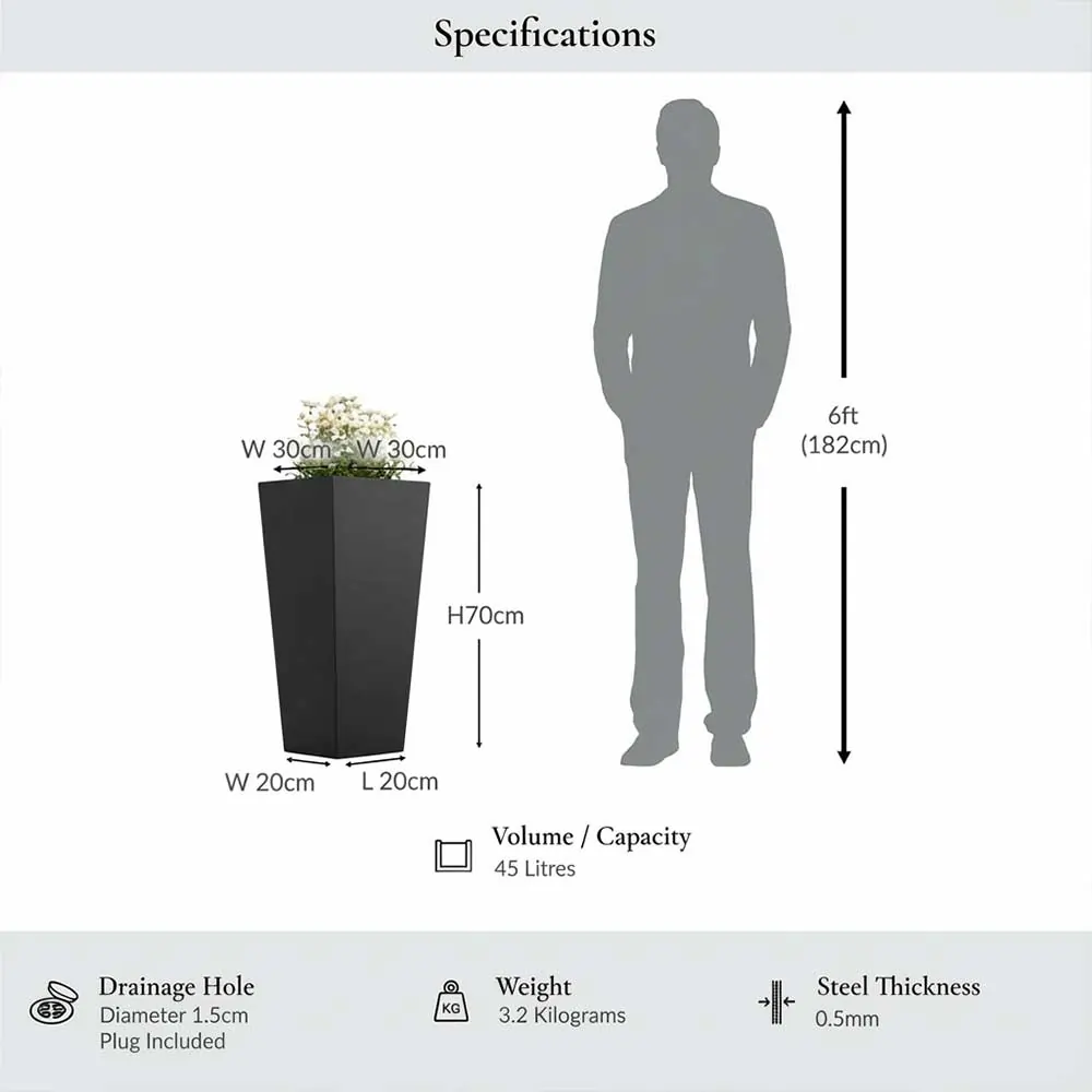 Zinc Galvanised Tall Flared Tapered Square Planter | 30cm x 30cm x 70cm | Glossy Black