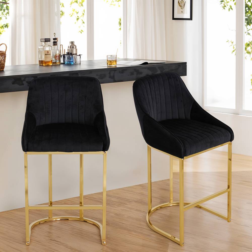 Modern Velvet Upholstered Bar Stools With Metal Legs, Set Of 2 – Contemporary Design, Comfortable Padded Seat, And Anti-slip Base | Black
