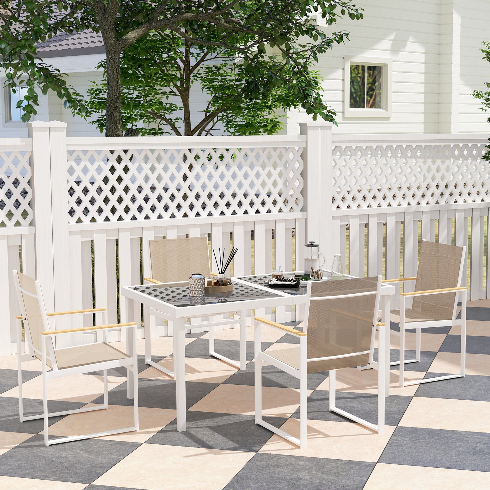 5 Piece Garden Table And Chairs W/ Tempered Glass Table Top
