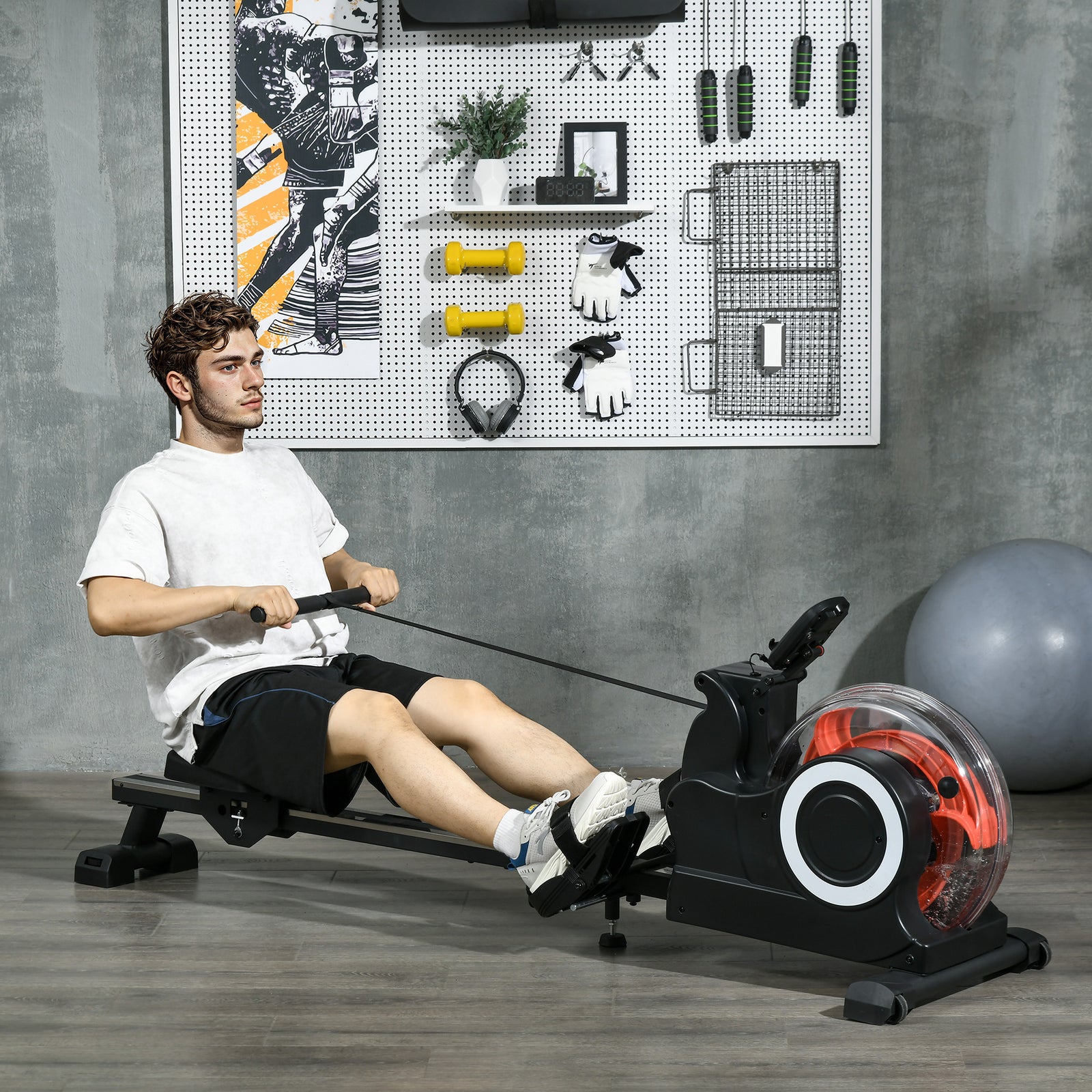 Foldable Water Rowing Machine With Wheels And Lcd Monitor | Black