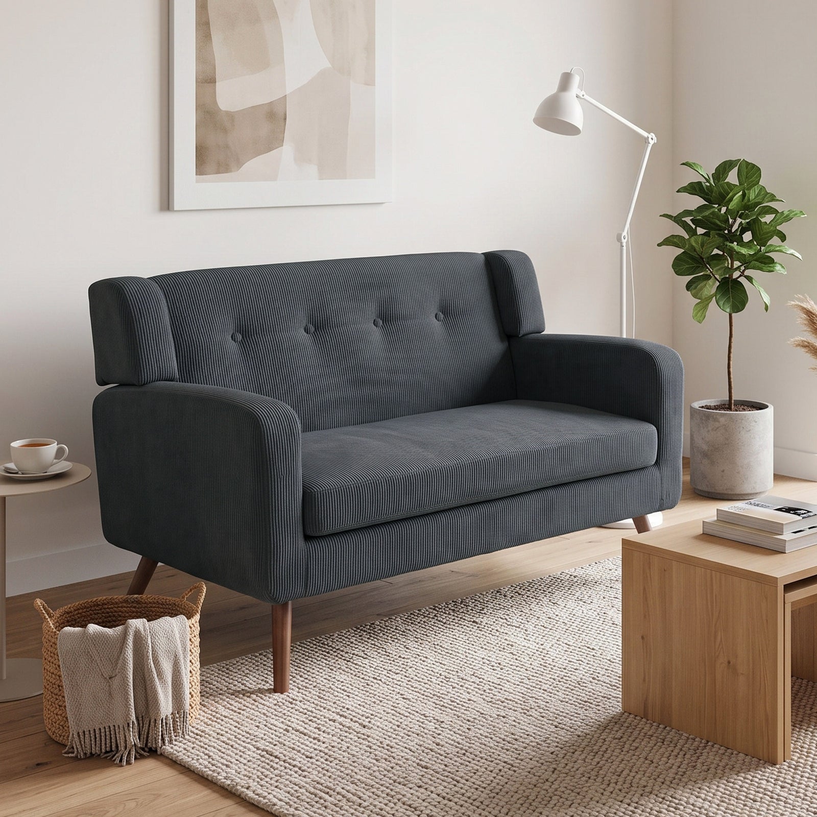 2 Seater Sofa, 118 Cm Corduroy Small Loveseat Sofa | Dark Grey