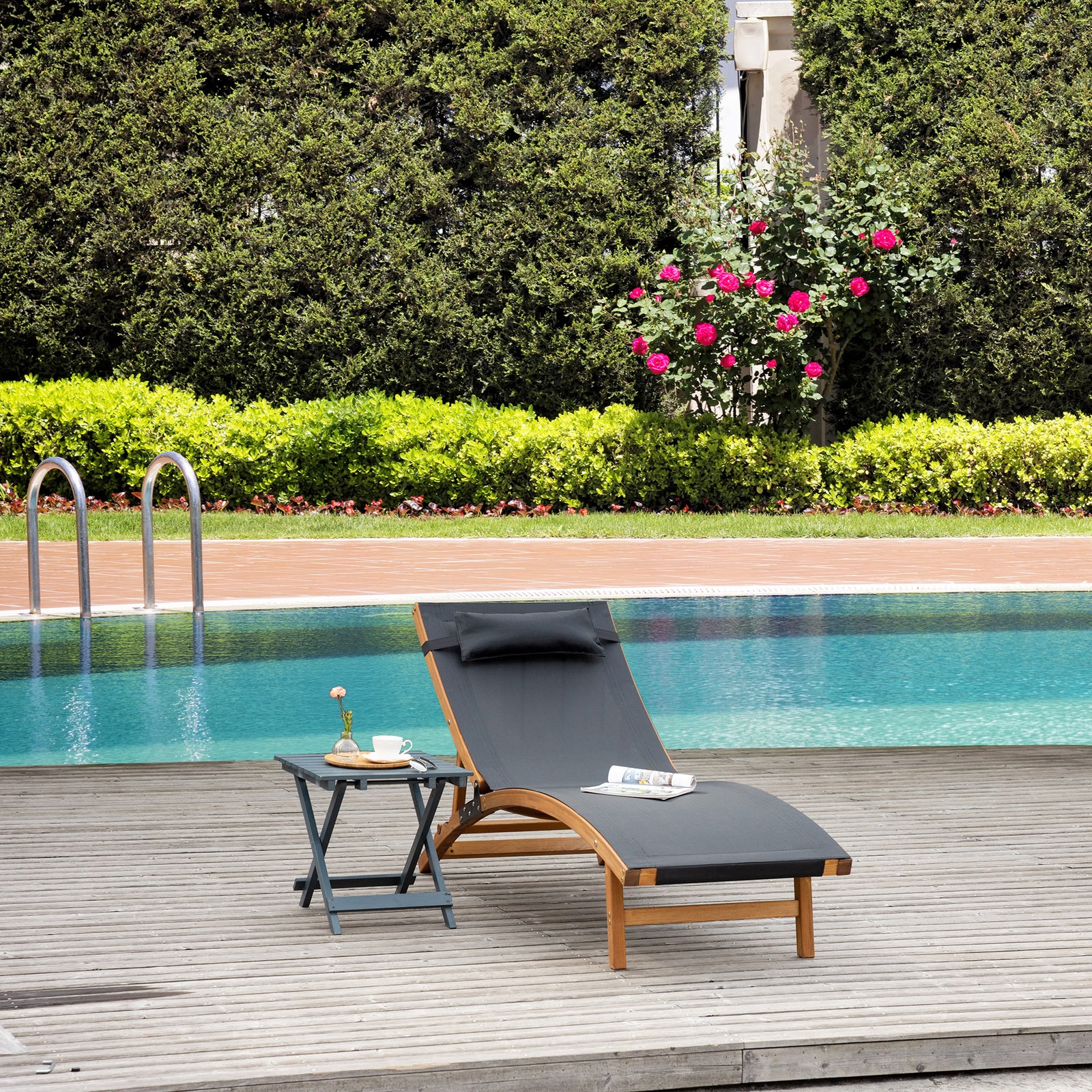 Wooden Sun Lounger W/ Adjustable Back - Black