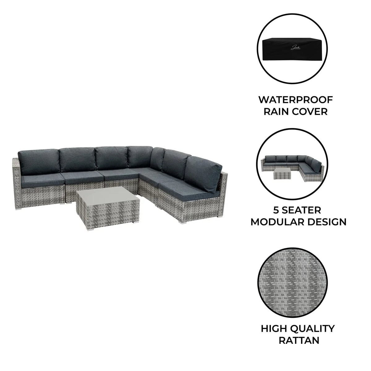 Rattan Modular 7 Piece Furniture Set - Grey | Grey