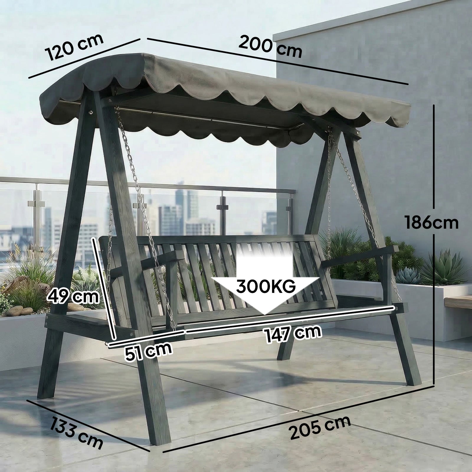 3 Seater Garden Swing Seat With Canopy, Outdoor Hammock Bench | Grey