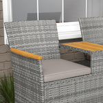 Rattan Garden Bench W/ Wood Top Table, Chair, Cushions | Gray
