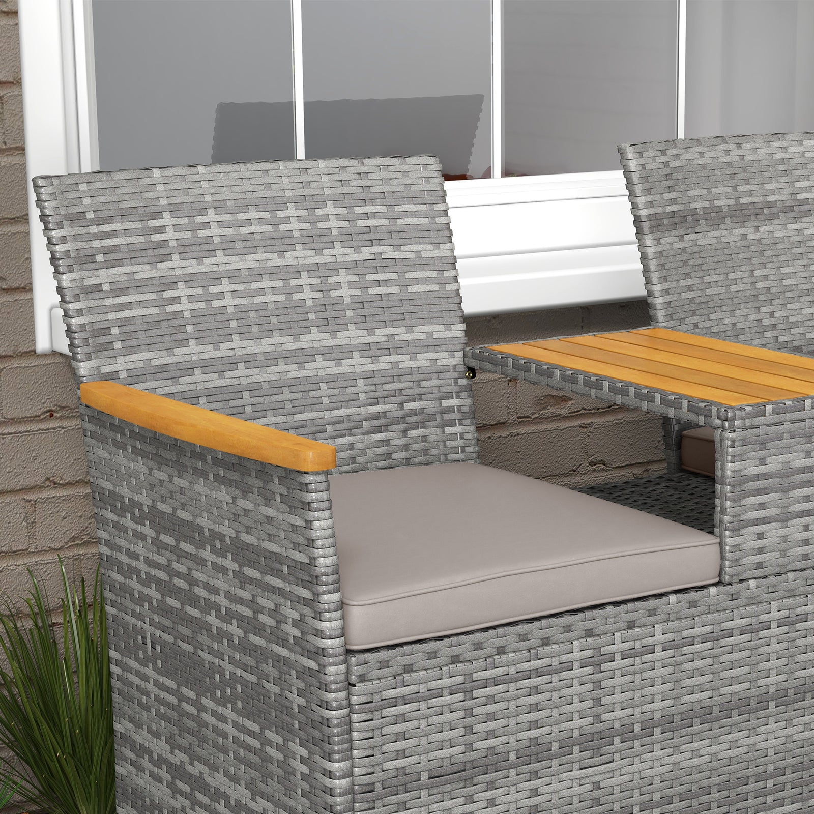 Rattan Garden Bench W/ Wood Top Table, Chair, Cushions | Gray