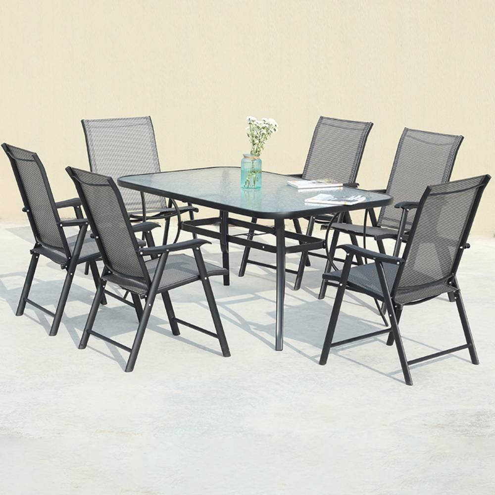 7 Pcs Garden Dining Set Outdoor Tempered Glass Coffee Table With Foldable Chairs