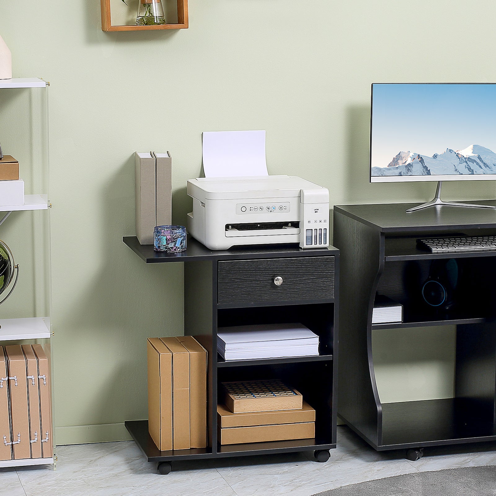 Desk Side Printer Stand With Wheels, Rolling Printer Cart