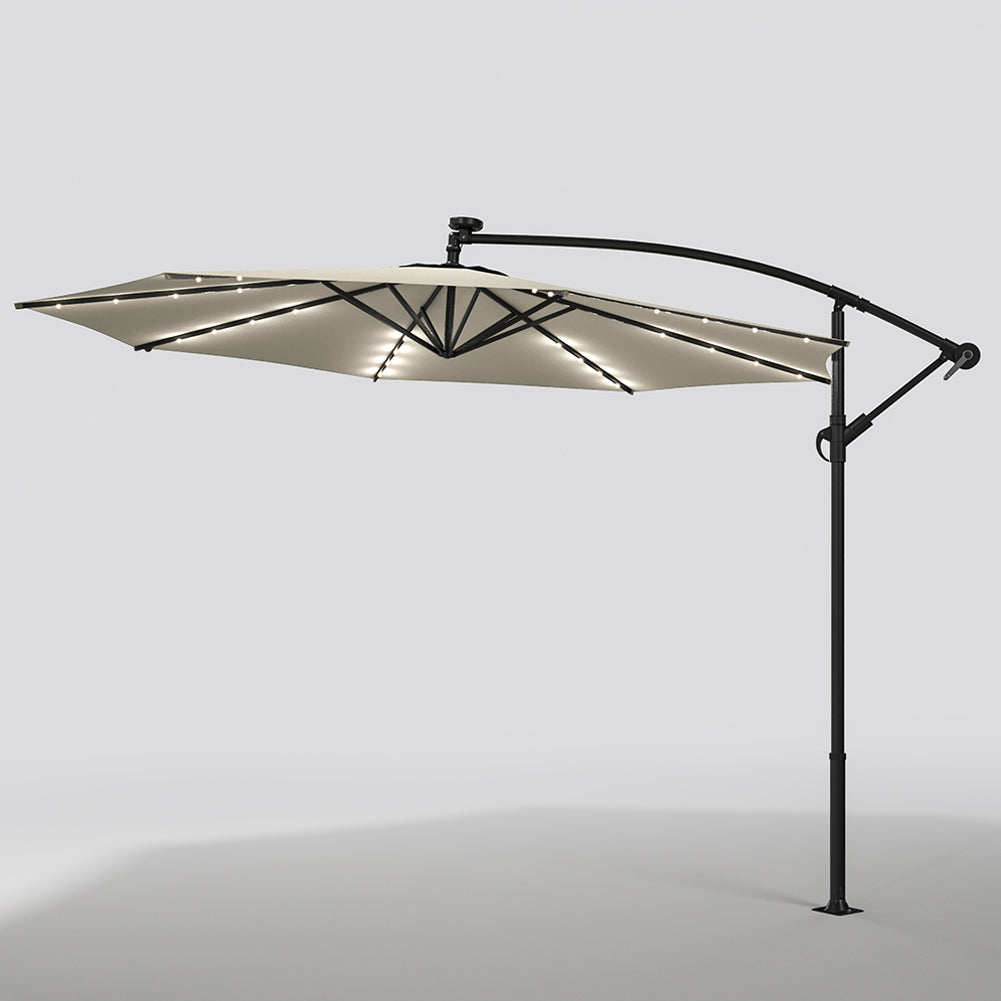 3 M Banana Patio Umbrella Cantilever Garden Parasol With Solar-powered 32 Led Lights, Crank For Opening Closing Without Base | One Size | Beige