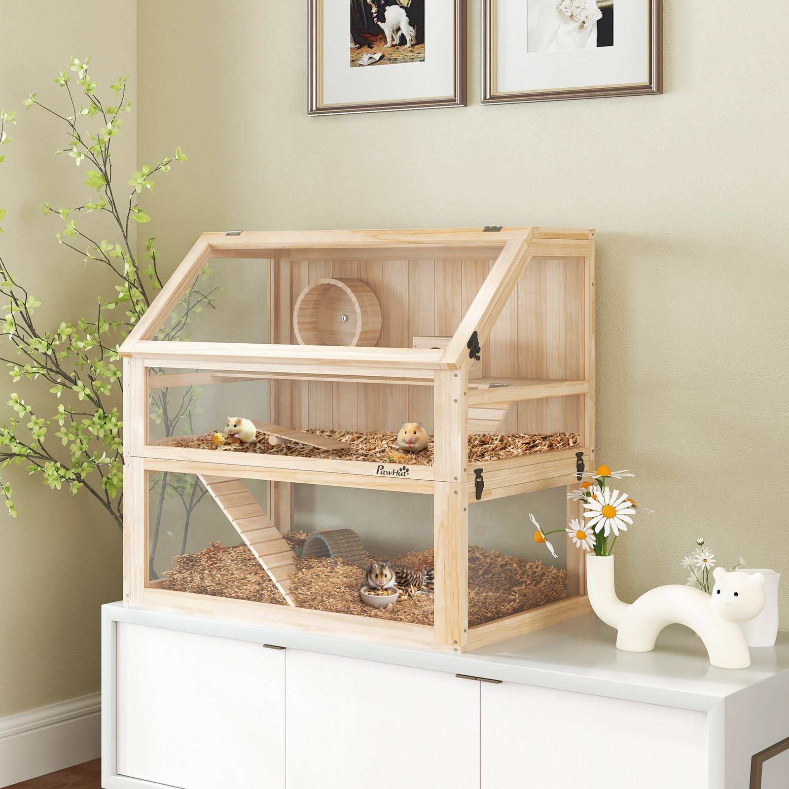 Wooden Hamster Cage W/ Detachable Bottom, Hut, Seesaw, Natural