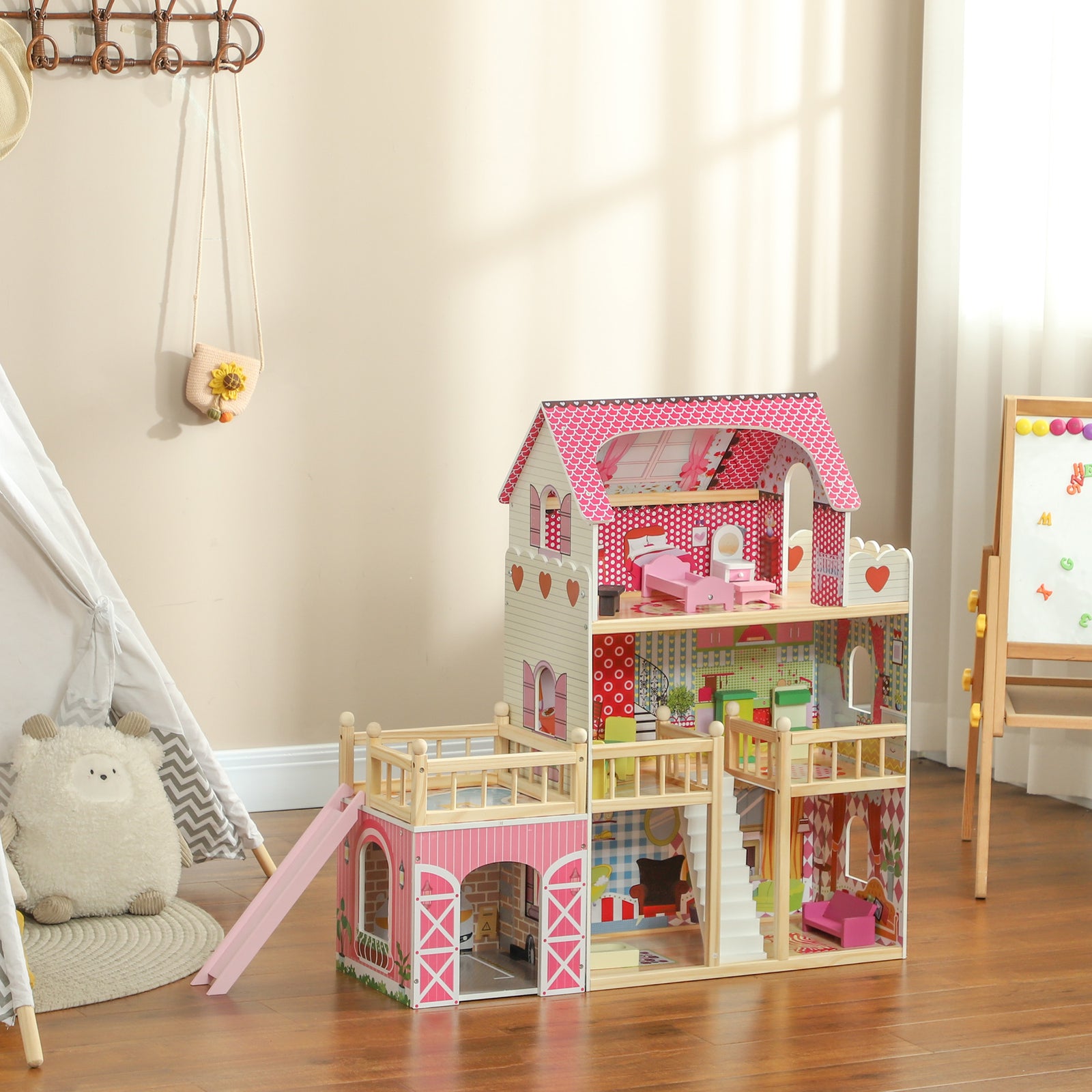 Dolls House With 13 Pieces Wooden Furniture And Accessories