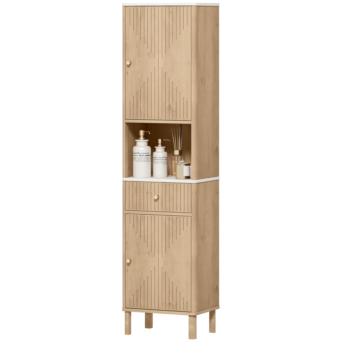 HOMCOM 168 Cm Tall Bathroom Cabinet With Drawer And Adjustable Shelves, Oak
