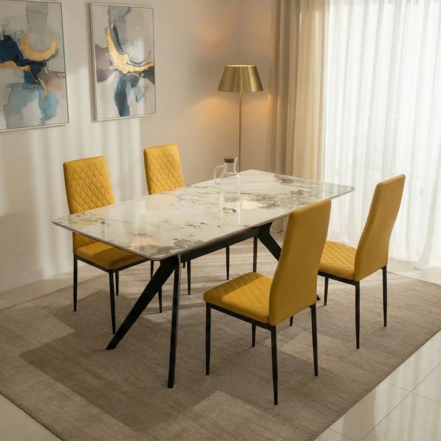 San Diego Marble Top Dining Table With Emily Leather Chairs | Mustard