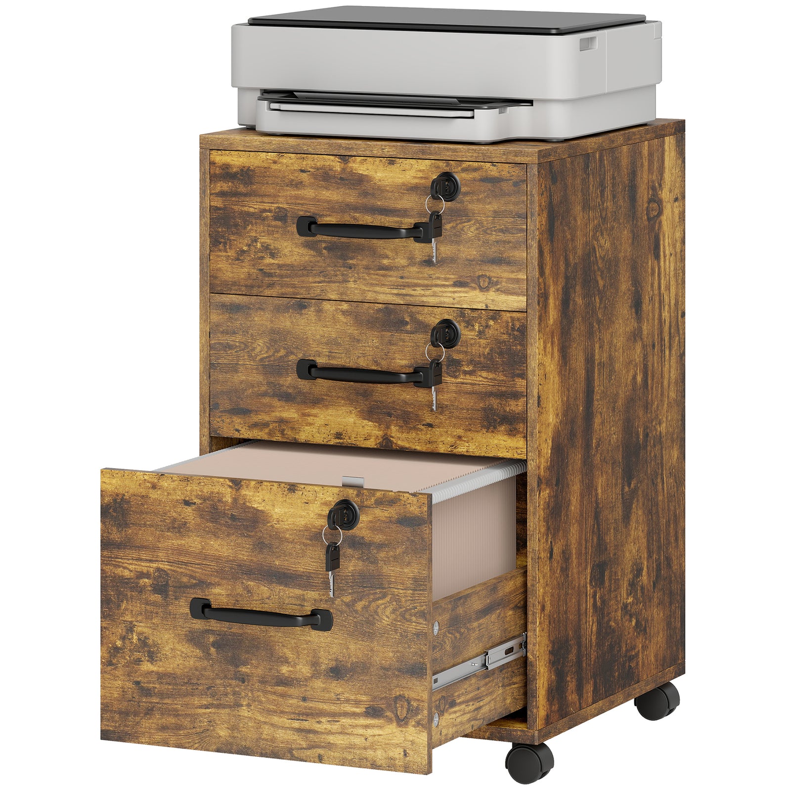 3 Drawer File Cabinet Rolling Filing Cabinet For A4 And Letter | Rustic Brown