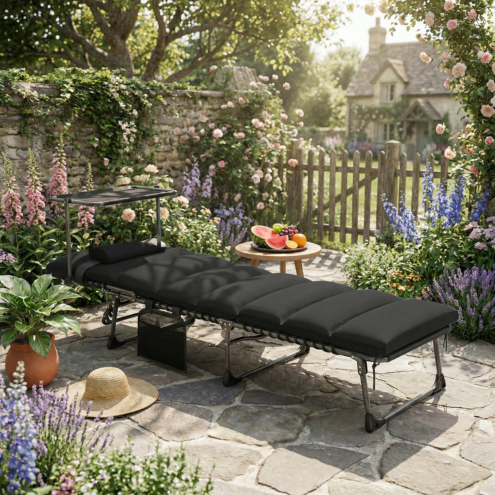 Folding Sun Lounger, Sun Bed With Canopy | Black